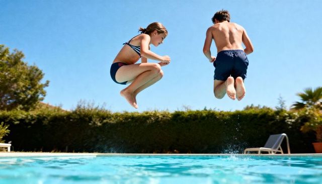 Kids jumping midair into backyard pool on sunny summer day splashing playfully