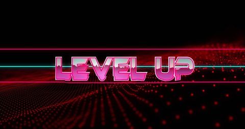 Futuristic neon level up text with glowing red mesh