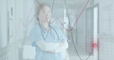 Asian nurse analyzing ecg data overlay in hospital corridor with red alert visualization