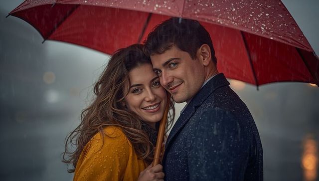 Smiling couple sharing red umbrella on misty waterfront, mustard raincoat and navy coat