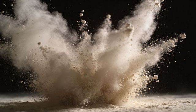 Erupting powder plume scattering dust and granular clumps in high-contrast studio