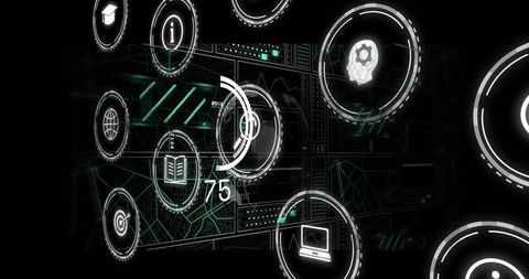 Futuristic holographic dashboard displaying circular hud icons, data wireframe and laptop gauge