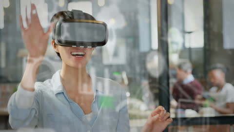 Woman Experiencing Virtual Reality in a Modern Office Environment