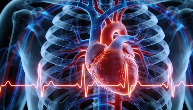 Glowing human heart showing coronary vessels within transparent ribcage with ecg waveform