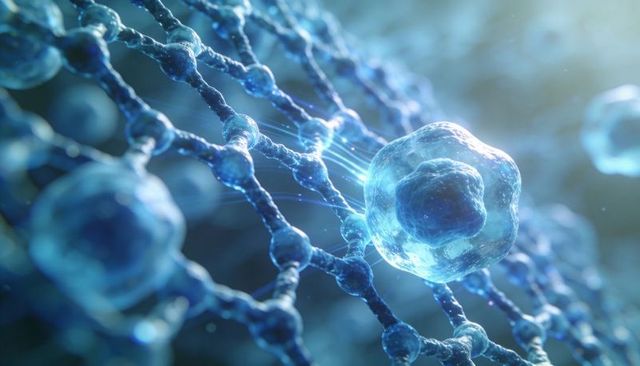 Glowing translucent spherical cell extending thin filaments through microscopic nanofiber lattice