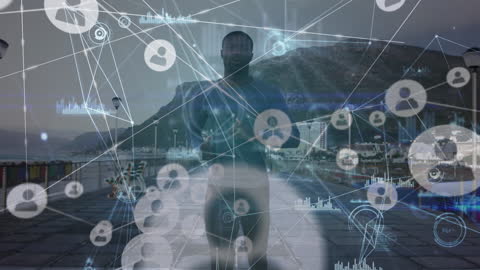 Digital Network Overlay of a Man Jogging on Seaside Promenade