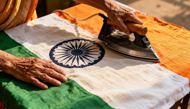 Elderly hands pressing indian tricolor cloth with vintage iron, ashoka chakra detail on cotton