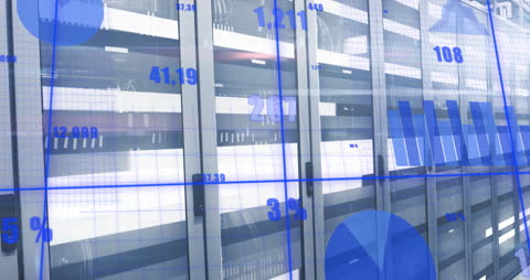 Futuristic Server Room with Digital Data Overlay Graphics