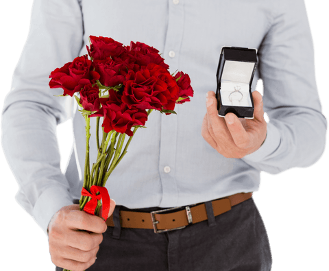Man holding engagement ring and bouquet with transparent background