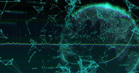 Futuristic network globe with data nodes in digital space
