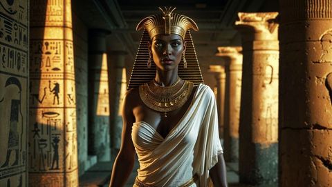 Regal pharaoh in ancient temple setting with hieroglyph pillars