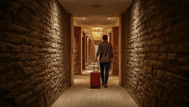 Man walking down dim hotel corridor pulling red suitcase under golden chandeliers