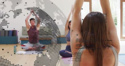 Women Practicing Morning Yoga Stretching with Digital Overlay in Sunlit Studio