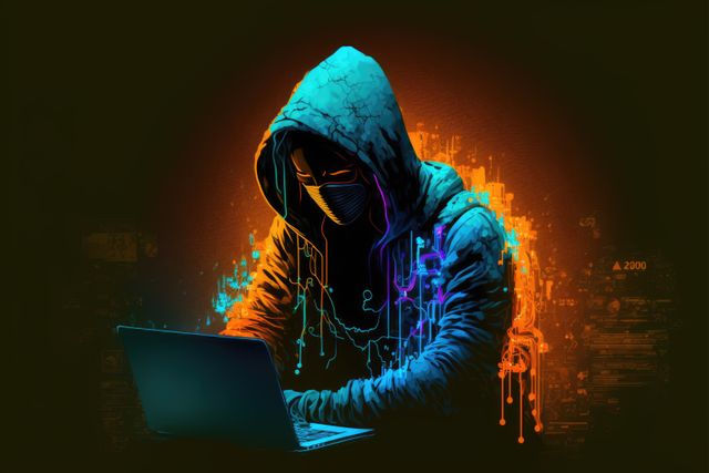 Hacker in mask using laptop over glowing background, created using generative ai technology. Global online hacking, security, technology and computing concept digitally generated image.