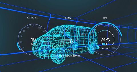 Futuristic Neon Wireframe Car Dashboard with Digital Readouts