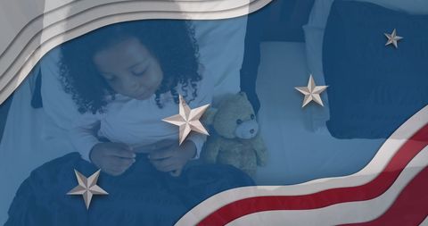 Patriotic Overlay on Girl with Teddy Bear in Bed