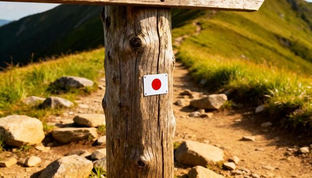 Weathered wooden trail post with red circle marker on alpine mountain ridge hiking trail