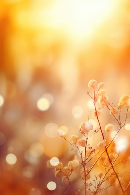 Plants and yellow sunlight with bokeh lights and copy space, created using generative ai technology. Atmospheric nature bokeh background, digitally generated image.