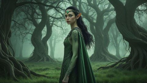 Elf in mystical forest glade with elegant gown and emerald adornments