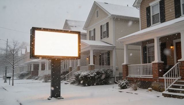 Glowing billboard illuminating snowy suburban street and porches at dusk