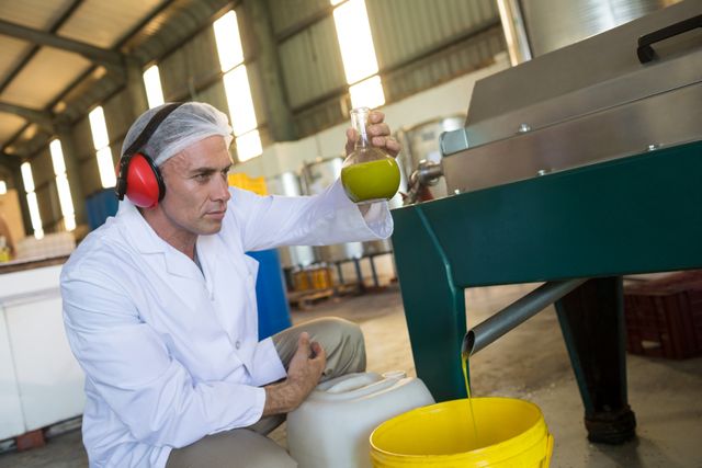 Technician in white lab coat and safety gear examining olive oil produced from a machine in an industrial factory. Useful for illustrating concepts related to food production, quality control, industrial processes, and factory work.