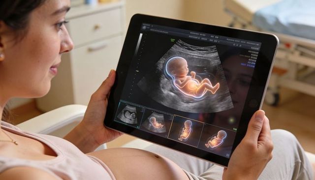 Expectant woman viewing 3d ultrasound on tablet during prenatal clinic visit