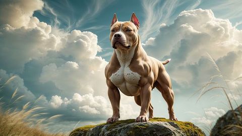 Muscular Pitbull on Rock with Dramatic Cloudscape