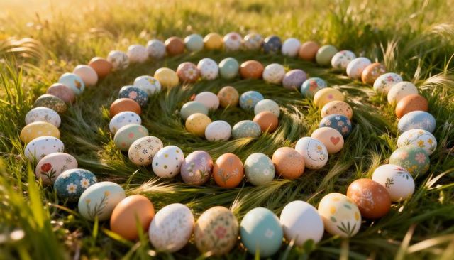 Spiral of Hand-Painted Easter Eggs Resting on Sunlit Meadow Grass for Spring Decor