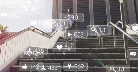 Professional walking up city stairs checking smartphone with social media icons overlay