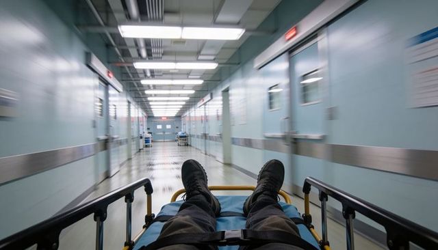 Rushing patient on gurney down hospital corridor with motion blur and emergency tension
