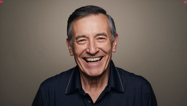 Cheerful Senior Man in Dark Shirt Smiling Confidently