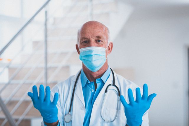 Portrait of caucasian male senior doctor in face mask and surgical gloves looking to camera. medical professional worker during coronavirus covid 19 pandemic.