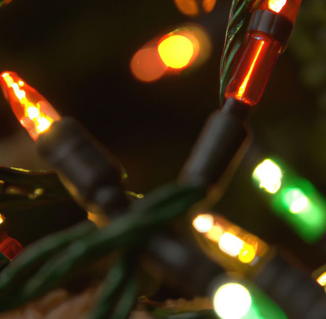 Close-up of glowing colorful Christmas lights creating a festive ambience. Use this vibrant image for holiday-themed promotions, festive greeting cards, or decoration inspiration for the Christmas season.