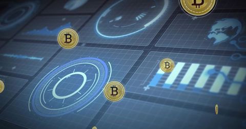Floating bitcoin tokens over futuristic finance dashboard with digital radar ui and growth charts