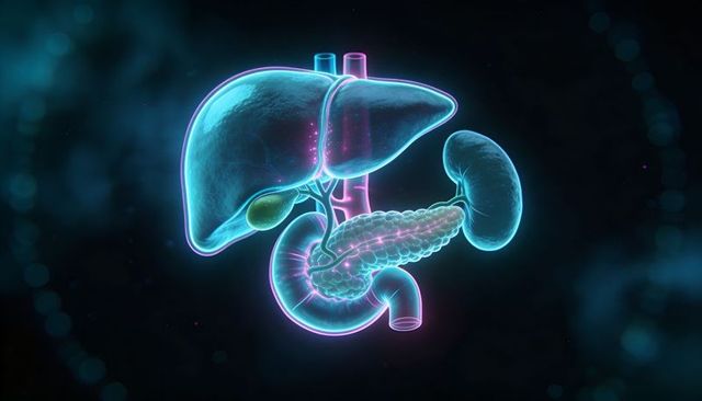 Neon 3D liver, gallbladder, pancreas and kidney anatomical illustration with vascular glow