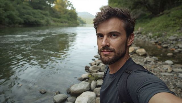 Man taking riverside selfie while hiking on rocky riverbank with backpack