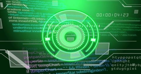 Futuristic Green HUD Interface with Digital Code Overlay