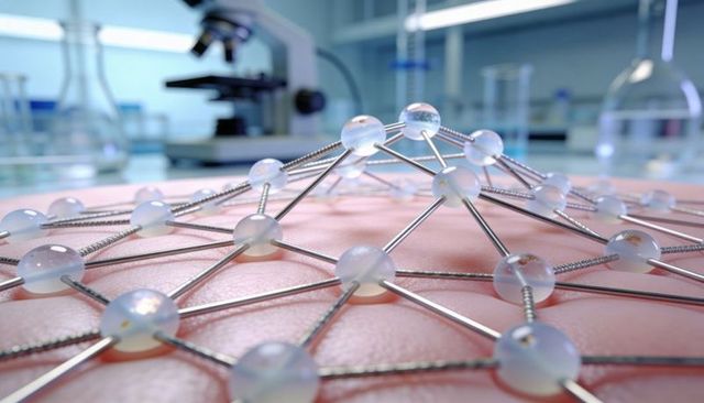 Opalescent beaded nanoscaffold linking metallic rods on soft tissue surface, lab microscope