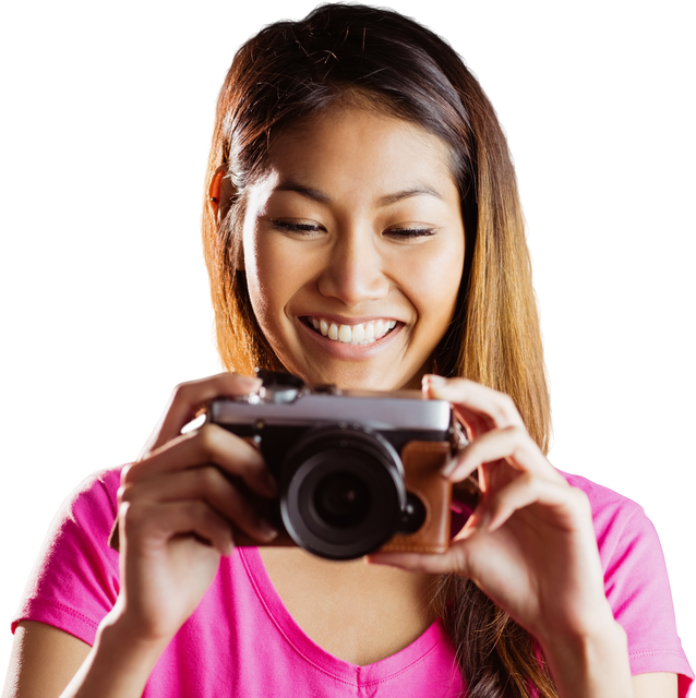 Smiling Asian Woman Taking Photo with Camera Transparent Background - Download Free Stock Videos Pikwizard.com