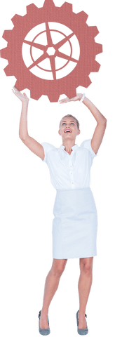 Businesswoman lifting transparent gear emphasizes teamwork concept