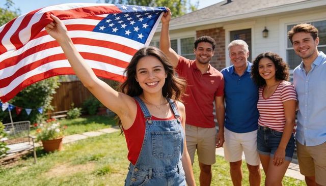 Smiling young woman waving american flag with multigenerational family in backyard summer celebratio