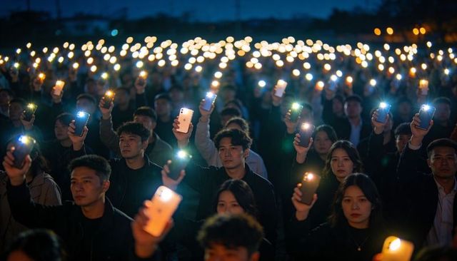 Holding lit smartphones and candles at evening vigil, crowd raising lights in solidarity