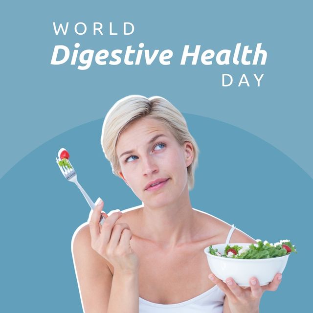 Thoughtful cauacsian woman with salad and world digestive health day text on blue background. digital composite, healthy lifestyle and eating concept.
