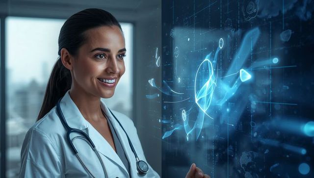 Female physician touching holographic medical interface for telemedicine and ai diagnostics