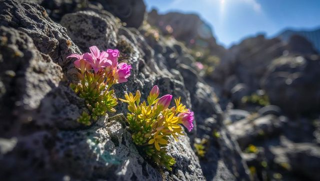 Alpine cushion plants blooming on rocky outcrop with pink flowers and golden foliage
