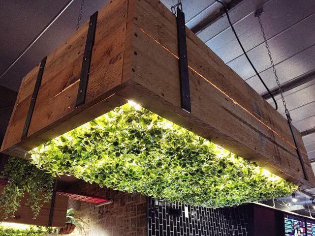 Wooden box ceiling light adorned with hanging greenery provides eco-friendly and stylish lighting solutions. Ideal for eco-conscious modern homes, urban lofts, industrial-style interiors, and creative design settings. Enhances settings with a touch of natural greenery and unique lighting.