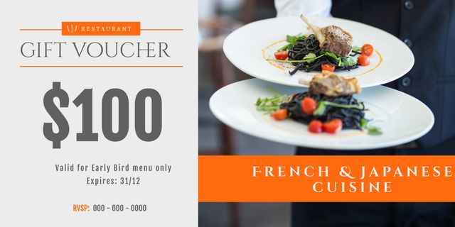 This gift voucher template featuring French and Japanese fusion cuisine is ideal for restaurants offering special promotions or discount dining experiences. It can be used to attract food lovers to partake in a unique culinary event, make reservations for an exclusive dining experience, or enhance branding efforts through gift certificates.