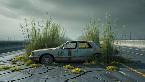 Abandoned rusted vehicle reclaimed by nature on cracked highway after the apocalypse