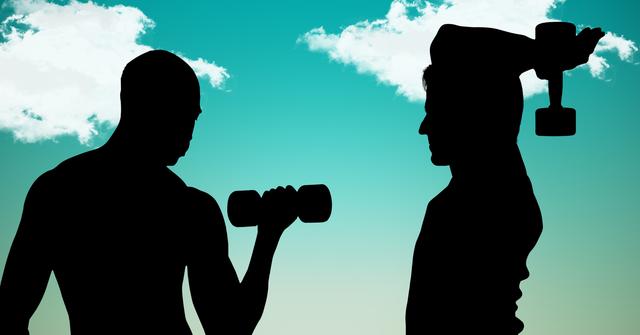 Silhouette of healthy men holding dumbbells against sky background