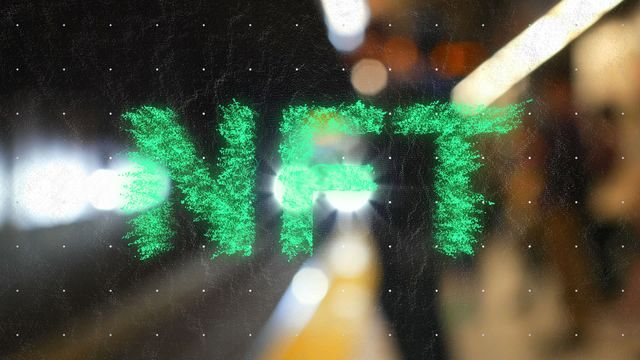 Bright green 'NFT' text appears dynamically against blurred subway station and an arriving metro train. This can be used to illustrate topics in NFTs, digital art, blockchain, cryptocurrency, and urban technology. Ideal for presentations, articles, and educational content related to non-fungible tokens' influence on urban life and digital spaces.